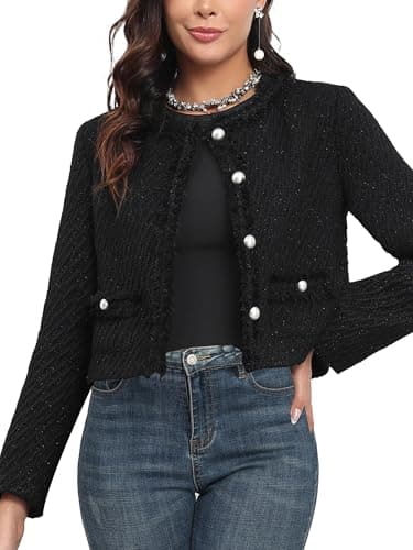 M.Infisavo Tweed Blazer Jackets for Women Fall Winter Long Sleeve Elegant Work Business Casual Cropped Jacket Black XS - Image 1