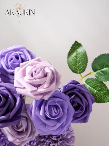 Purple Artificial Flowers Combo, Fake Silk Dahlia Roses, Chrysanthemum Ball with Stems for Wedding Bridal Bouquets, Baby Shower, Party, Table Centerpieces, Home Decor & DIY Floral Arrangements - Thumbnail 6