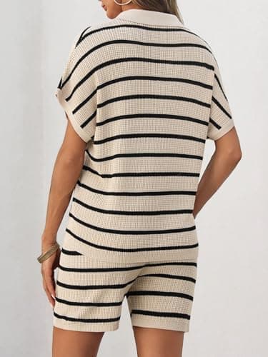 Tankaneo Womens 2 Piece Outfits Striped Knit Summer Sets V Neck Short Sleeve Tops and Shorts Lounge Matching Set Beige Small - Thumbnail 4