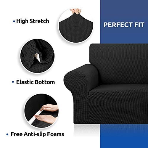 KEKUOU Stretch Single Sofa Slipcover 1 Piece Couch Sofa Cover (31"-55") Furniture Protector 1 Seater Sofa with Elastic Bottom for Kids,Pet.Jacquard Small Checked Pattern Fabric(Small,Black) - Thumbnail 4