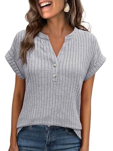 ANRABESS Womens Short Sleeve Henley Shirts V Neck Summer Sweaters 2026 Spring Business Tunic Tops Dressy Casual Work Blouses Grey X-Large - Image 1