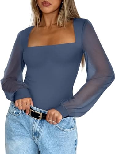 PINKMSTYLE Women's Fall Fashion Classy Mesh Long Sleeve Bodysuit Square Neck Double Lined Body Suits Business Casual Trendy Outfits Starry Blue X-Large - Thumbnail 2