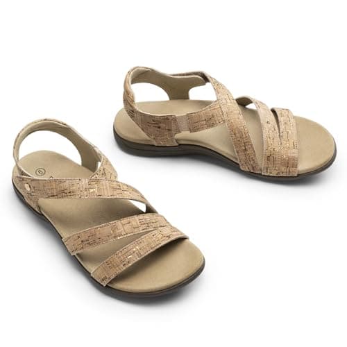 Rihero Women's Orthopedic Flat Sandals with Arch Support Cork Footbed Comfortable Casual Walking Orthotic Flat Sandals Gold Gold Cork Size 9 - Thumbnail 5