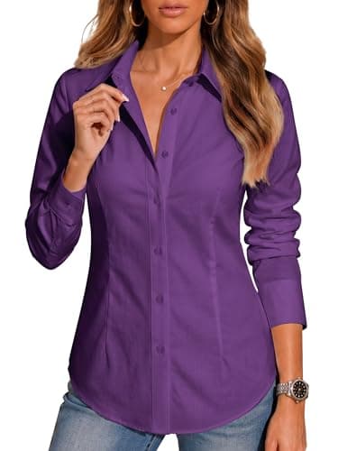 BBIBBI Button Down Shirts for Women Shirt Blouse Long Sleeve Up Womens Work Tops Blouses Outfits Office Business Casual Purple Size XL - Image 1