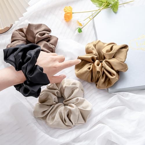 Lolalet Big Satin Scrunchies for Women, 5.9 Inch Large Oversized Scrunchie, Soft Jumbo/Giant Scrunchies Hair Ties for Thick & Curly Hair -4 Pack, Almond/Khaki/Black/Brown - Thumbnail 6