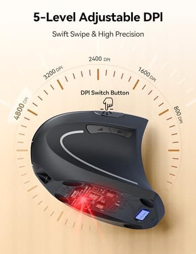 TECKNET Rechargeable Wireless Ergonomic Mouse,2.4GHz USB Vertical Mouse with Silent Click,4800 DPI Mouse with 6 Adjustable DPI,6-Button Computer Mouse for Laptop,PC, MacBook (No Batteries Needed) - Thumbnail 6