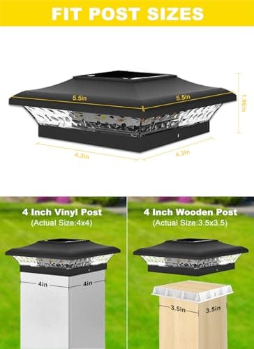 T-SUN Solar Post Cap Lights 6 Pack for 4x4 Vinyl Wooden Posts, Waterproof Outdoor Warm & Cool White(3000K/6000K) Solar Powered for Deck Garden Patio Lighting - Thumbnail 2