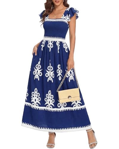 BTFBM Summer Dresses for Women 2026 Casual Floral Boho Sleeveless Square Neck A Line Flowy Beach Maxi Sundress Pockets(Dark Blue White Flower, Medium) - Image 1