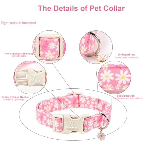 Babole Pet Daisy Dog Collar Pink Girl Dog Collars for Puppy Small Dogs - Lightweight Adjustable Spring/Summer Floral Female Dogs Everyday Collar with Safety Buckle XS - Thumbnail 3