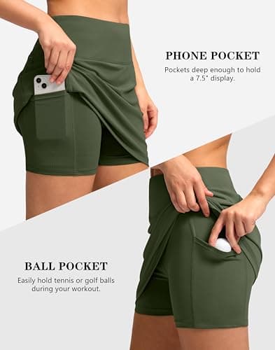 Women's Golf Skirts Skort 4 Side Pockets High Waisted Stretchy Tennis Skirt with Short Athletic Casual (Olive Green, S) - Thumbnail 5