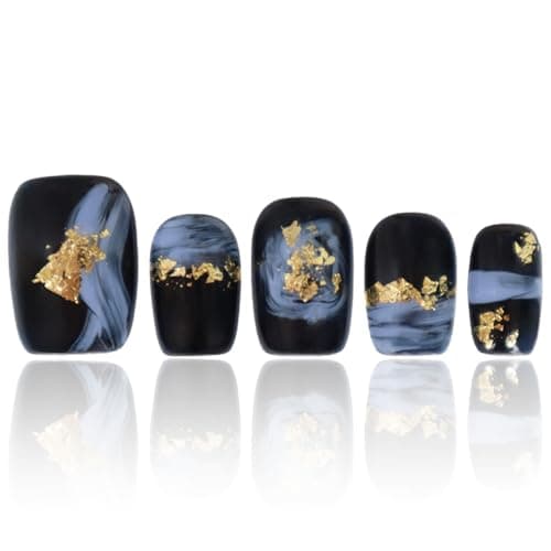 Handmade Press on Nails Short Square Black Nails for Women Acrylic Press On Nails Fake Nails With Designs Gifts For Women Thick COOLYOUNG False Nails, 10 PCS, Size L - Image 1