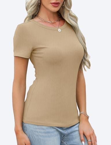 GKBK Womens Short Sleeve Shirts Crew Neck Ribbed Fitted Tight Shirts Layering Top Basic Tee Tshirts Cute Summer Tops Casual Spring Clothes Outfits 2026 Trendy Khaki - Thumbnail 4