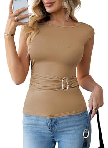 Pink Queen Women's Summer Tops Boat Neck Sleeveless Ruched T Shirts Blouses with Ring Detail Coffee S - Image 1