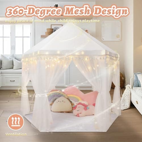 Monobeach White Princess Tent Girls Tassel Decor Large Playhouse Kids Castle Play Tent with Star Lights Toy for Children Indoor and Outdoor Games, 55'' x 53'' (White Princess Tent with Tassel) - Thumbnail 5