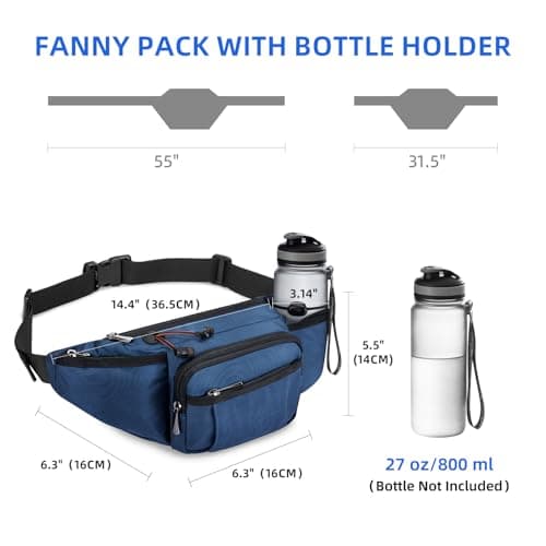 NOOLA Fanny Pack Waist Bag for Men Women, Lightweight Waist Pack with Water Bottle Holder, Adjustable Belt Bag with Multi-Pockets for Hiking, Dog Walking, Outdoor, Cycling, Running, Travel, Blue - Thumbnail 4