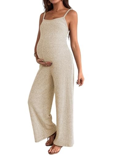 BLENCOT Jumpsuits for Women Casual Ribbed Adjustable Strap Sleeveless Wide Leg Pants Maternity Jumpsuit Clothes Beige XX-large - Image 1