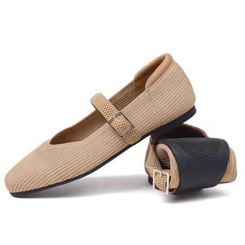 CELNEPHO Brown Mary Jane Flats for Women Square Toe Ballet Flats Shoes Comfortable Dressy Knit Flats for Women Arch Support Slip On Washable Casual Office Shoes Black Size - Image 1