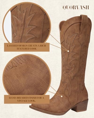 Quorvash Wide Calf Cowboy Boots for Women - Knee High Cowgirl Boots Side Zipper Snip Toe Western Boots for Concert Nashville Trip Party Dark Brown Size 6 - Thumbnail 5
