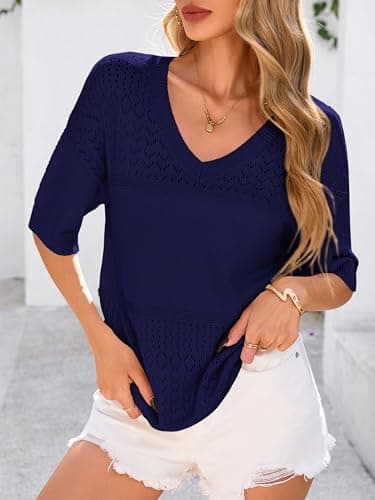 PRETTYGARDEN Women's Short Sleeve Sweater Tops 2026 Spring Summer Casual V Neck Ribbed Knit Trendy Eyelet Blouse T Shirts (Dark Royal Blue,Medium) - Thumbnail 4