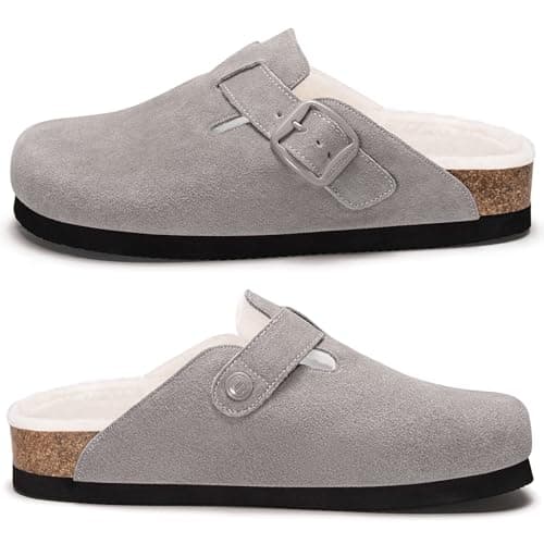 Fuzzy Suede Clogs for Women Fur Lined Leather Mules Soft Non Slip Potato Shoes with Arch Support Grey - Thumbnail 6