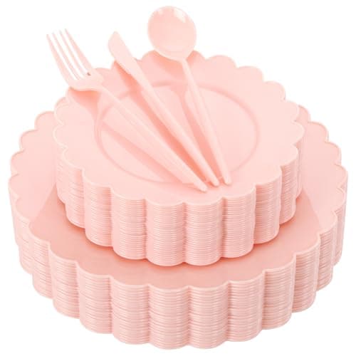 WONDERFUL 150 Pcs Pink Plastic Plates Disposable Plastic Dinnerware Set Pink Plate and Silverware Set Disposable Plates for Party Wedding & Bridal Shower Party Mothers Day Decor 30 Guests - Image 1