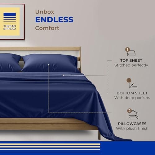 THREAD SPREAD 100% Egyptian Cotton Sheets California King Size - 800 Series Euphoria Collection Luxury Cal King Size (4 PC, Navy Blue), Soft Cooling, 16" Deep Pocket Hotel Sheets - Thumbnail 3