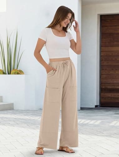 ZAFUL Womens Baggy Wide Leg Linen Pants Casual High Waisted Lounge Palazzo Pants with Pockets Khaki M - Thumbnail 4