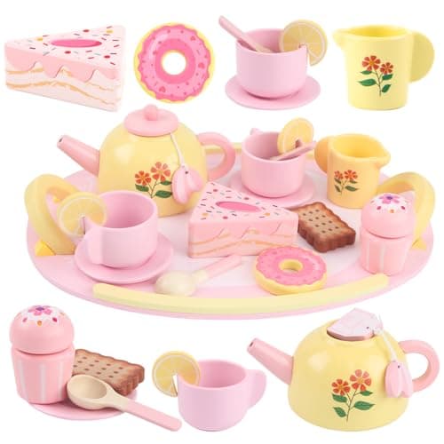 Tea Party Set Wooden Tea Sets for Toddlers 3-5 Play Food Pretend Play Toys Kids Tea Set for Girls 6-8 Birthday Gift Wooden Tea Party Set for Little Girls 3 4 5 6 Years Old Outdoor Tea Time Game - Image 1