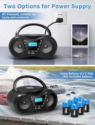 Greadio Boombox Portable CD Players for Home with Bluetooth, Boom Box CD Player FM Radio Combo, Stereo Sound, AC/Battery Powered, CD/CD-R/RW Compatible, Support AUX/USB/Headphone, Timer, Repeatable - Thumbnail 6