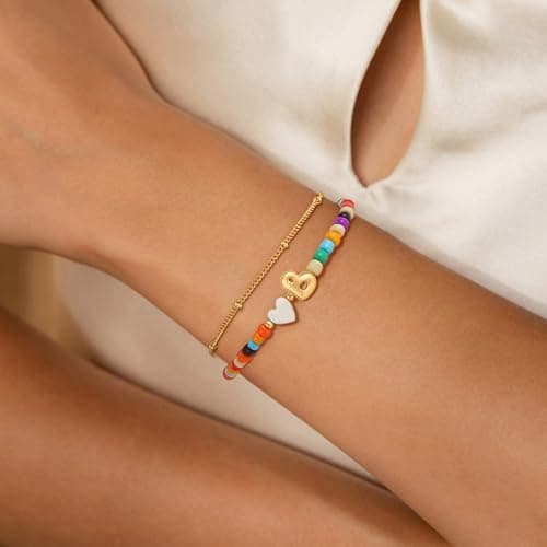 Eaciy Christian Easter Gifts for Kids - Colorful Initial Bracelets for Women 14K Gold Plated Heart Initial Letter Daint B Charm Bracelet Summer Jewelry Birthday Gifts - Thumbnail 2