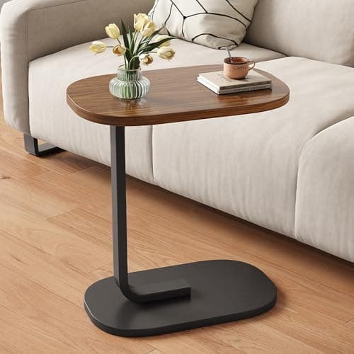 C Shaped Side Table, Modern C Shaped End Table for Small Spaces, Small Couch Side Tables That Slide Under, Wood Coffee Table for Sofa and Bed, 18”L X 12”W Tabletop (Walnut+Black) - Image 1