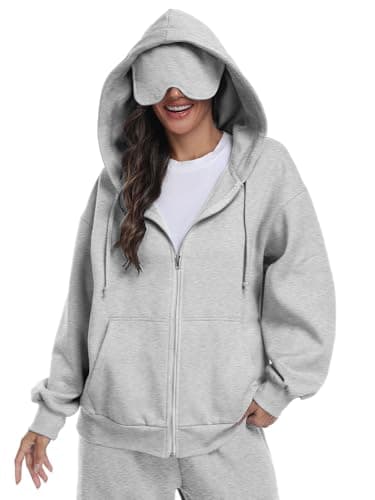 SeSe Code Unisex Zip Up Hoodie With Eye Mask Airplane Mode Travel Hoodies Oversized Sweatshirt Fleece Jacket Grey XL - Image 1