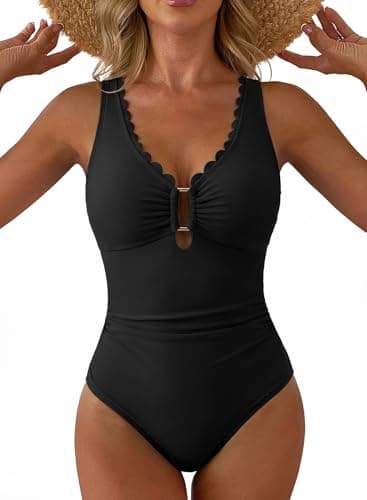 Aleumdr Women's Slimming One Piece Swimsuit Tummy Control Ruched Bathing Suits Scallop Trim V Neck Cut Out Swimwear 2026 Pure Black XX-Large
