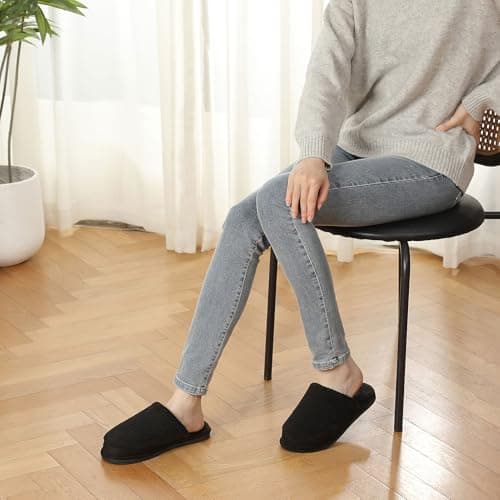 Parlovable Women's Memory Foam House Slippers, Warm Polar Fleece Lined, Faux Fur, Non-Slip Rubber Sole, Indoor Outdoor, Machine Washable Comfort Shoes Black 9-10 - Thumbnail 2