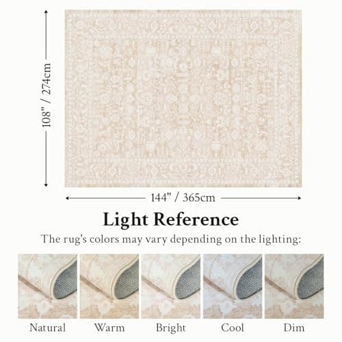 RUGVIGO Vintage Floral 9x12 Area Rug for Living Room, Washable Neutral Rugs for Dining Room, Indoor Non-Slip Print Carpet for Bedroom Kids Room Home Office Nursery, Beige Pink - Thumbnail 2