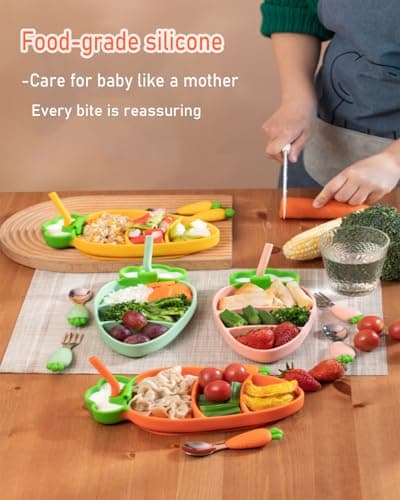 Ecrekhom Silicone Baby Feeding Set 5 Pcs, Weaning Supplies, Carrot Baby Plates Baby Spoon & Fork, Baby Utensils Feeding Essentials - Thumbnail 5