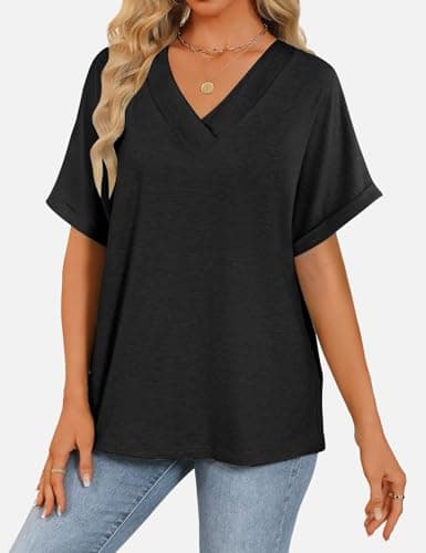 GKBK Womens Short Sleeve T Shirts V Neck Loose Fit Shirts Summer Casual Basic Tee Tops Black M - Thumbnail 2