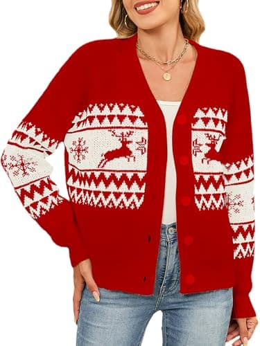 SunnyMelody Womens Christmas Funny Ugly Cardigan Sweater Winter 2025 Snowflake Santa Reindeer Tree Vacation Outfits Oversized Button Front Xmas Cardigans Red M - Image 1