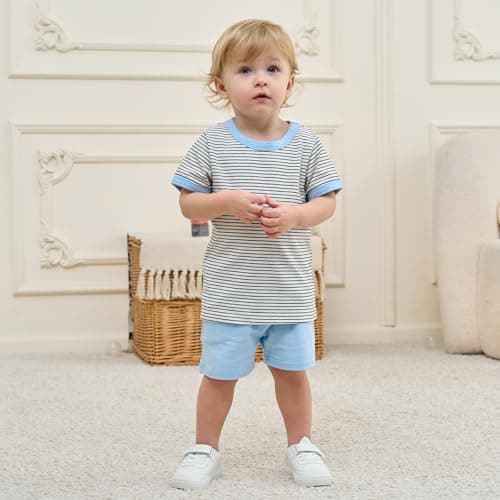 JiuBreeze Toddler Baby Boy Summer Outfit Striped Short Sleeve T-Shirt Shorts Set 2-Piece Boys Outfits Clothing Sizes 18M-5T (Blue, 3-4T) - Thumbnail 2