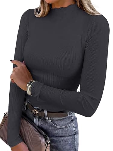 ANRABESS Women's Lettuce Trim Mock Neck Long Sleeve Tops 2026 Casual Dressy Ribbed Knit Slim Fit Tee Shirt Fall Layer Outfits Deep Grey X-Large - Image 1