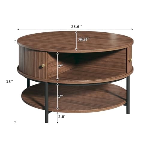 HUAHUU 31.5" Round Coffee Table with Storage, Mid Century Modern Coffee Table with Sliding Cabinet Door, Round Metal Legs, 3-Tier Small Round Coffee Tables for Living Room, Walnut - Thumbnail 2