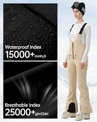 HIGH EXPERIENCE Womens Ski Bib Pants Skinny Soft Shell Snow Overalls Slim Fit Fitted Snowboard Insulated Waterproof Windproof (Light Khaki, X-Small) - Thumbnail 4