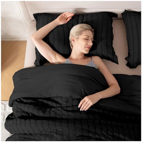satisomnia King Comforter Set Black, Soft Seersucker Comforters King Size Bed, 3 Pieces Lightweight Down Alternative Bedding Comforter Sets All Season, Fluffy Comforter with 2 Shams 106x90 in - Thumbnail 4