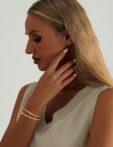 14K Gold Plated Bracelets for Women Dainty Tennis Initial Bracelet Trendy Beaded Stackable Charm Bracelets Layered Waterproof Bracelet Dainty Bracelet for Women Jewelry Gifts （R - Thumbnail 2