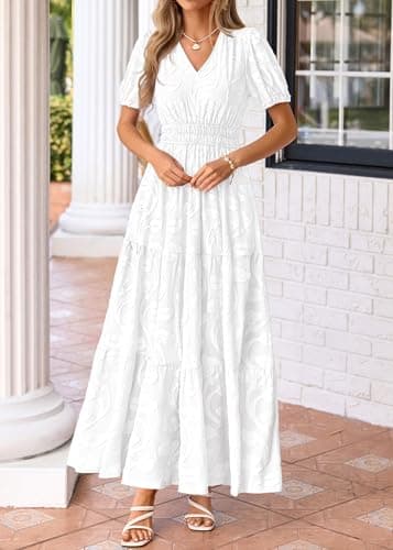 KIRUNDO Summer Dresses for Women 2026 Boho Flowy Casual Short Sleeve V Neck Elastic Waist Floral Long Baby Shower Maxi Dress(White, Small) - Thumbnail 6