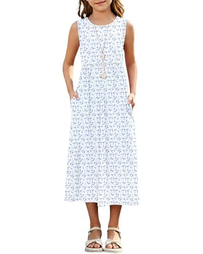 AUSELILY KIDS Girls Summer Sundress Casual Crewneck Cute Beach Sleeveless Loose Empire Waist Dress for Teen Girls 2026 White Blue Flower 11-12 Years - Image 1