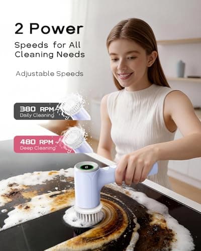 PUFTEM Shower Scrubber, Electric Spin Scrubber for Bathroom Cleaning – Cordless Shower Cleaner Brush with 6 Brush Heads, Dual-Direction Rotation, for Grout, Tile, Tub, Sink & Corners, Purple - Thumbnail 4