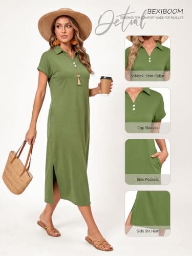 BEXIBOOM Women's Maxi Dress with Sleeves, Summer Casual Cap Sleeve V Neck Collared Shirt Dress with Pockets, Side Slit Long Vacation Beach Dress Black-XL - Thumbnail 6