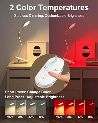 SZOKLED Red Light Reading Lights for Books in Bed, Clip on Lamp with Timer & Dimmable, Rechargeable Eye Care Night Light for Bedroom, Desk, Laptop, Headboard - Thumbnail 4