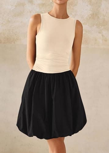 KIRUNDO Summer Bubble Dress for Women 2026 Casual Mini Spring Bodycon Cocktail Dresses Sleeveless Drop Waist Sundress Beach(Beige Black, Large) - Thumbnail 5